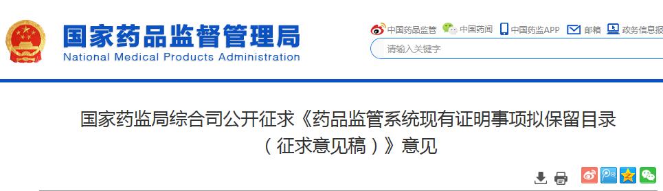 藥品監(jiān)管系統(tǒng)現(xiàn)有證明事項(xiàng)擬保留目錄
