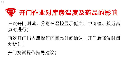 開門作業(yè)對庫房溫度影響及藥品的影響：三次開門測試，分別在溫控顯示低點(diǎn)、中間值、接 近高點(diǎn)時(shí)進(jìn)行； 再次開門出入庫操作的間隔時(shí)間確認(rèn)（開門后降溫 時(shí)間分析）； 開門測試操作指導(dǎo)建議；