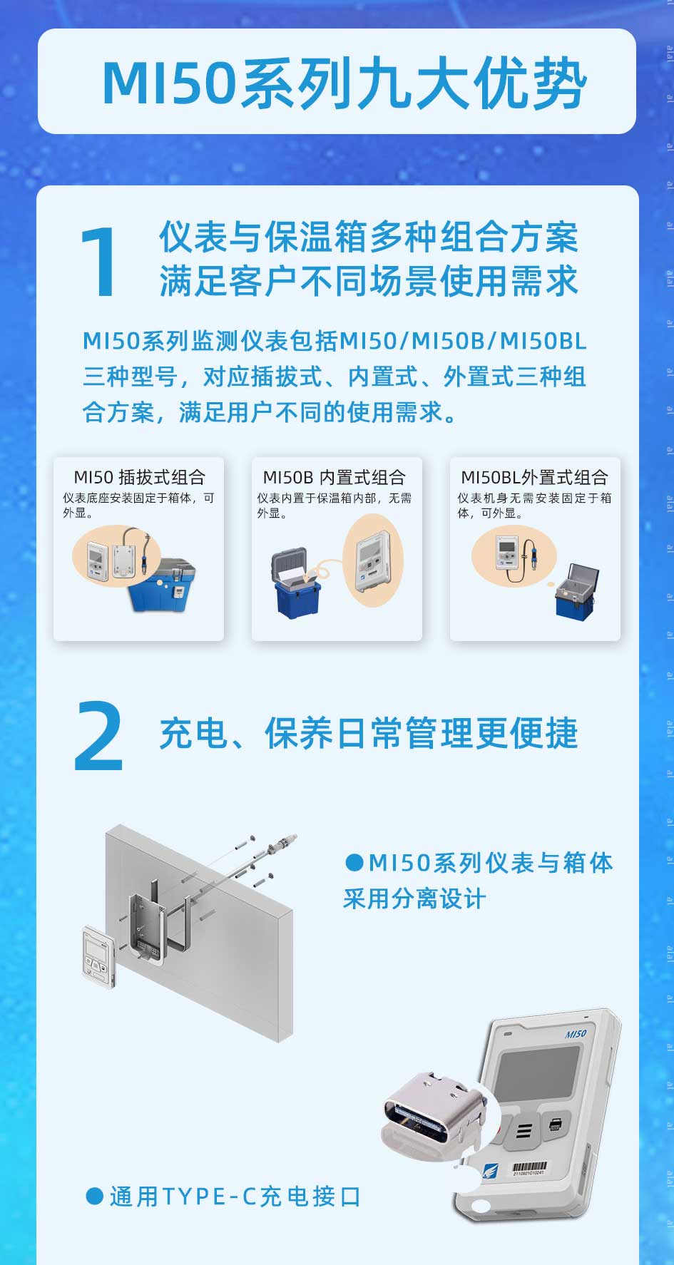 MI50系列溫度監(jiān)測(cè)儀表包括MI50/MI50B/MI50BL三種型號(hào)，對(duì)應(yīng)插拔式、內(nèi)置式、外置式三種組合方案，滿足用戶不同的使用需求。