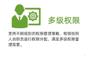 多級權限：支持不限級別的權限管理策略，能夠按照人 員職責進行權限分配，滿足多級權限管理需 要。