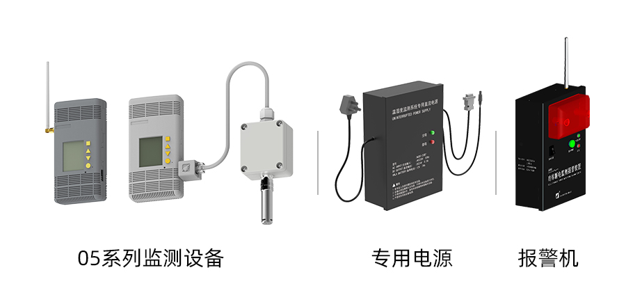 部分設(shè)備展示：05系列溫濕度監(jiān)測設(shè)備、報(bào)警機(jī)